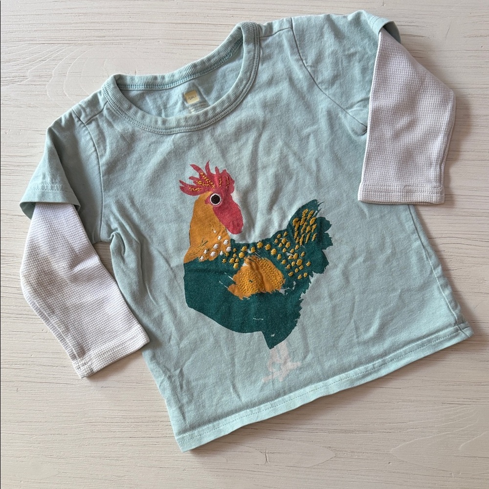 Tea Collection Long Sleeve Rooster Tee - Light Blue and White